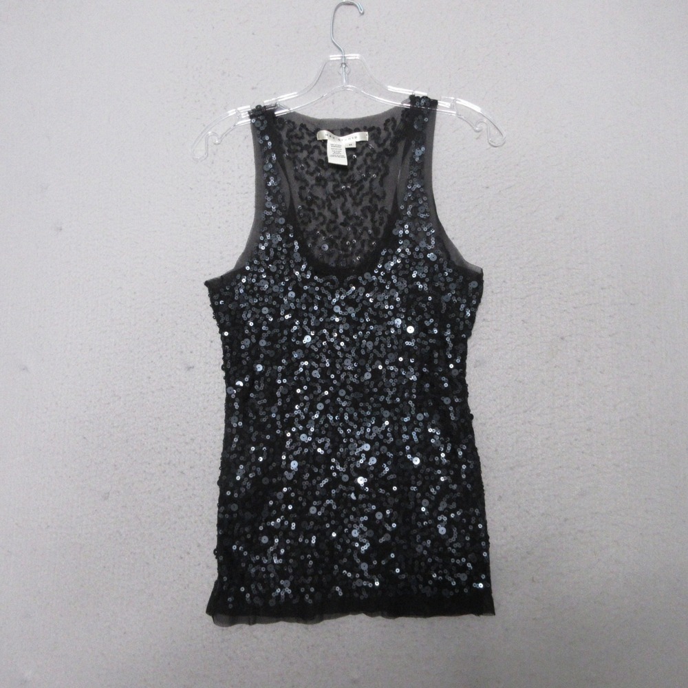Max Studio Tank Top Black Sequin Mesh Sheer Y2K Party Glam Edgy 90s Whimsigoth